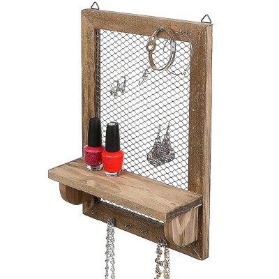 8 Hook Wood and Metal Chicken Wire Wall Mounted Jewelry Display Organizer Rack with Shelf