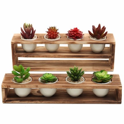 MyGift Set of 2 Rustic Burnt Wood Tiered Succulent 8 Mini White Ceramic Plant Pots Planter Stand