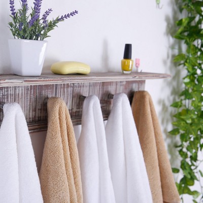 5 Hook Rustic Wood Wall Mounted Floating Bathroom Shelf and Towel Rack